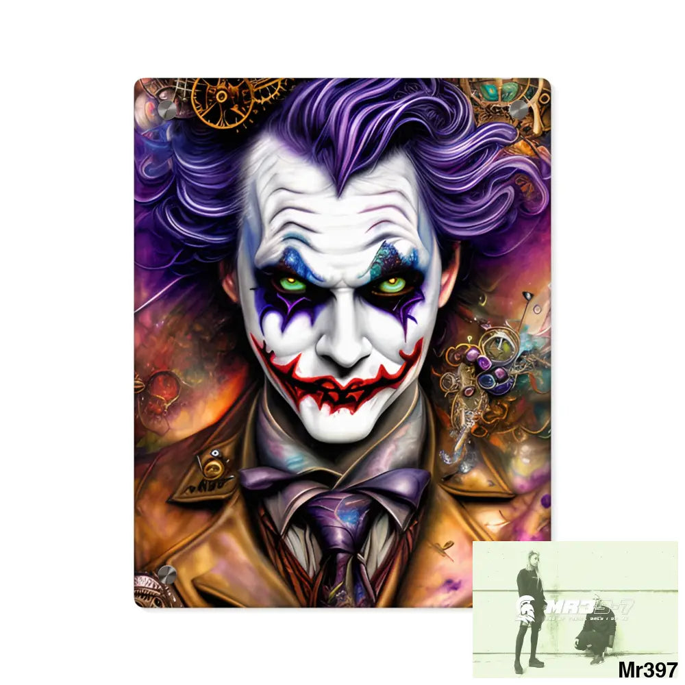 Steampunk Joker Hearts Tribal Fractal Watercolor Digital Painting Hyper Acrylic Wall Art Panels 11″ x 14″ (Vertical)