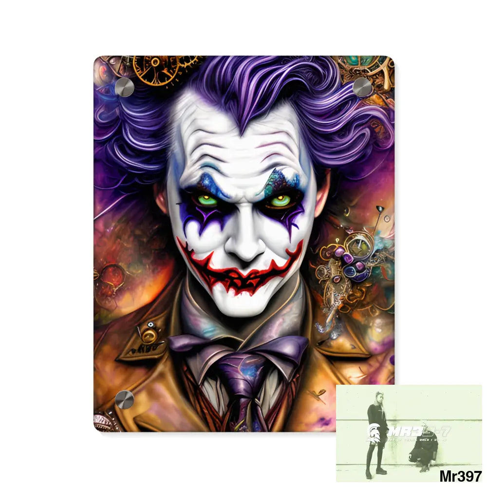Steampunk Joker Hearts Tribal Fractal Watercolor Digital Painting Hyper Acrylic Wall Art Panels 8″ x 10″ (Vertical)