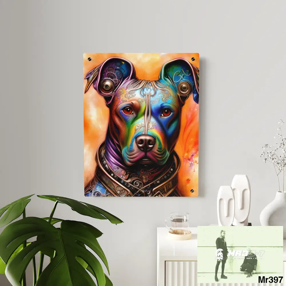 Steampunk Pitbull Hearts Tribal Fractal Watercolor Digital Painting Acrylic Wall Art Panels Home Decor
