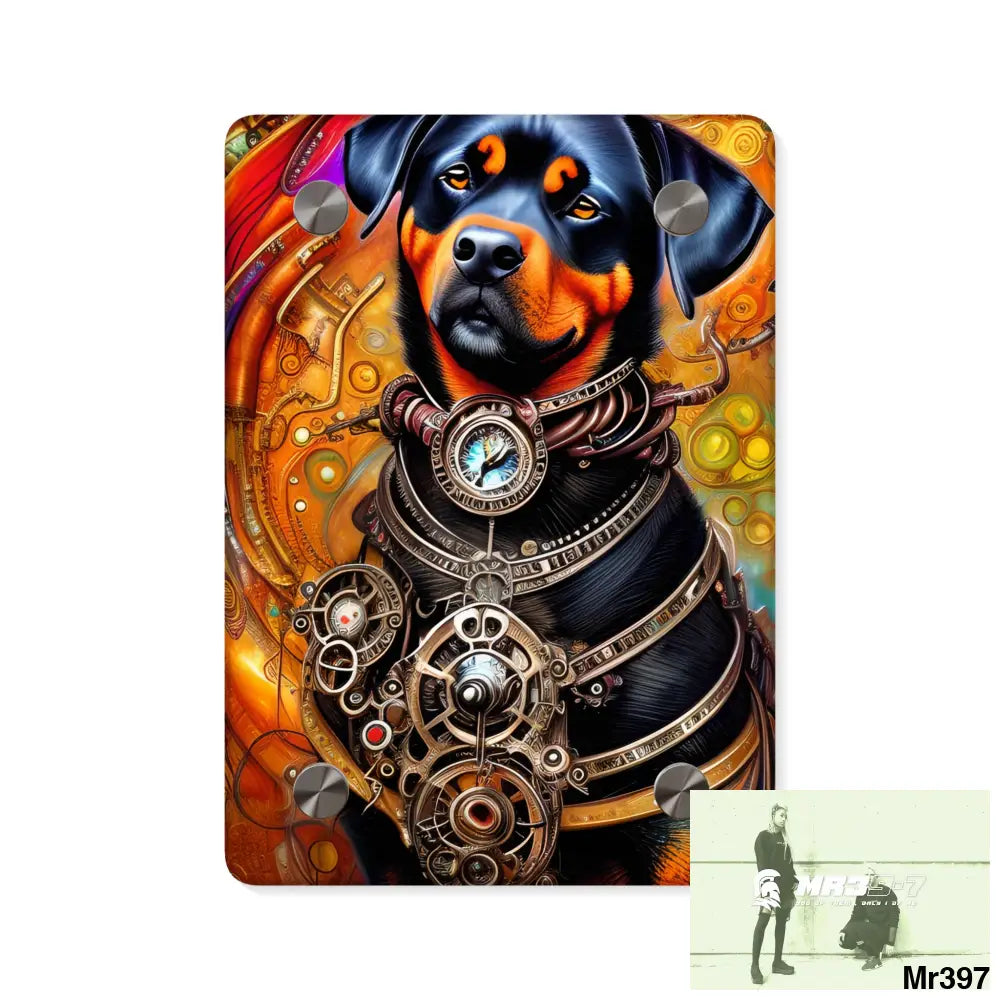 Steampunk Rottweiler Hearts Tribal Fractal Water color Digital Painting Acrylic Wall Art Panels 5’’ x 7’’ (Vertical)