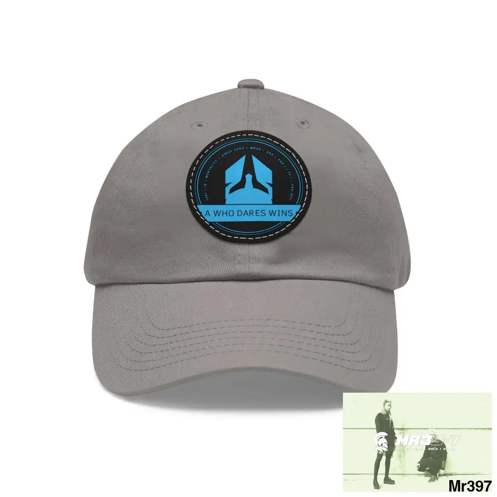 The A Who Dares Wins Dad Hat with Leather Patch (Round) Grey / Black patch / Circle / One size Hats