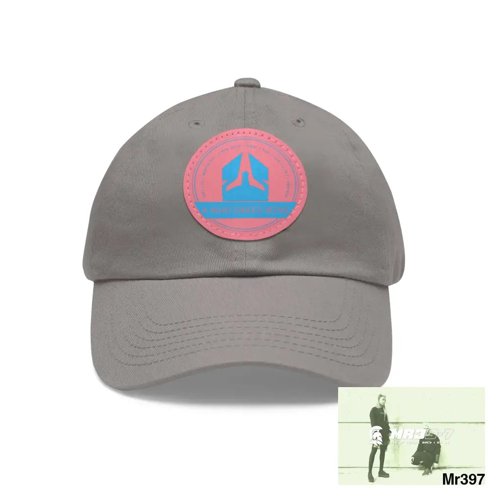 The A Who Dares Wins Dad Hat with Leather Patch (Round) Grey / Pink patch / Circle / One size Hats