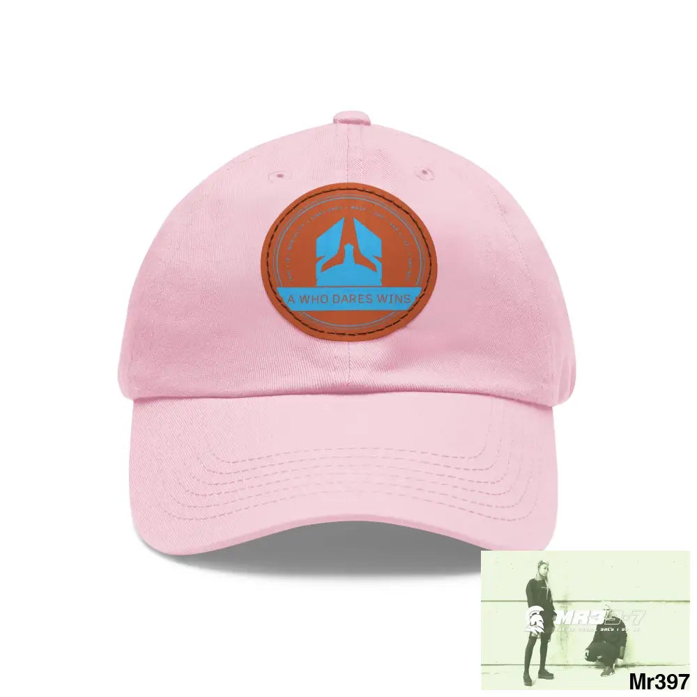 The A Who Dares Wins Dad Hat with Leather Patch (Round) Light Pink / Light Brown patch / Circle / One size Hats