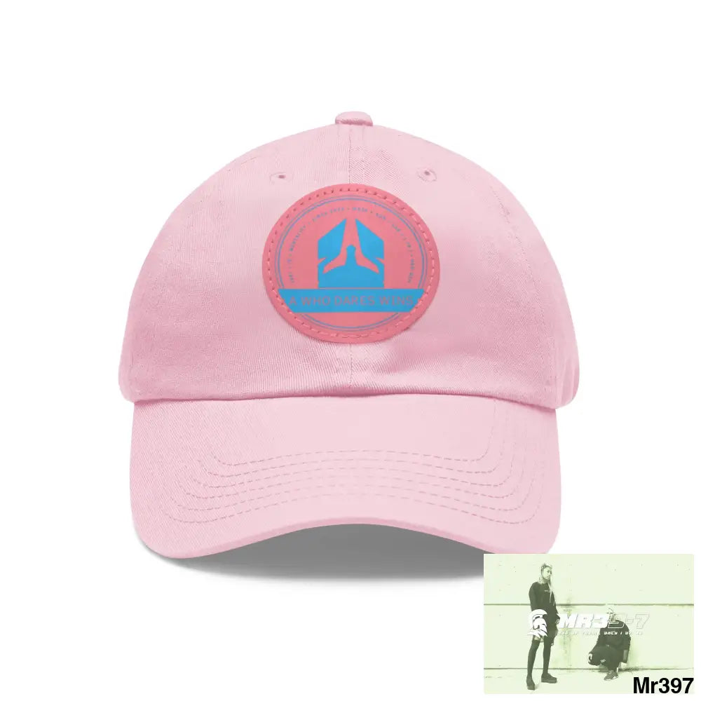 The A Who Dares Wins Dad Hat with Leather Patch (Round) Light Pink / Pink patch / Circle / One size Hats