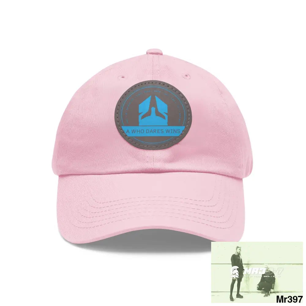The A Who Dares Wins Dad Hat with Leather Patch (Round) Light Pink / Grey patch / Circle / One size Hats