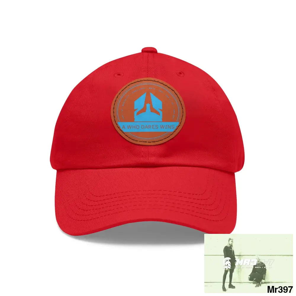 The A Who Dares Wins Dad Hat with Leather Patch (Round) Red / Light Brown patch / Circle / One size Hats