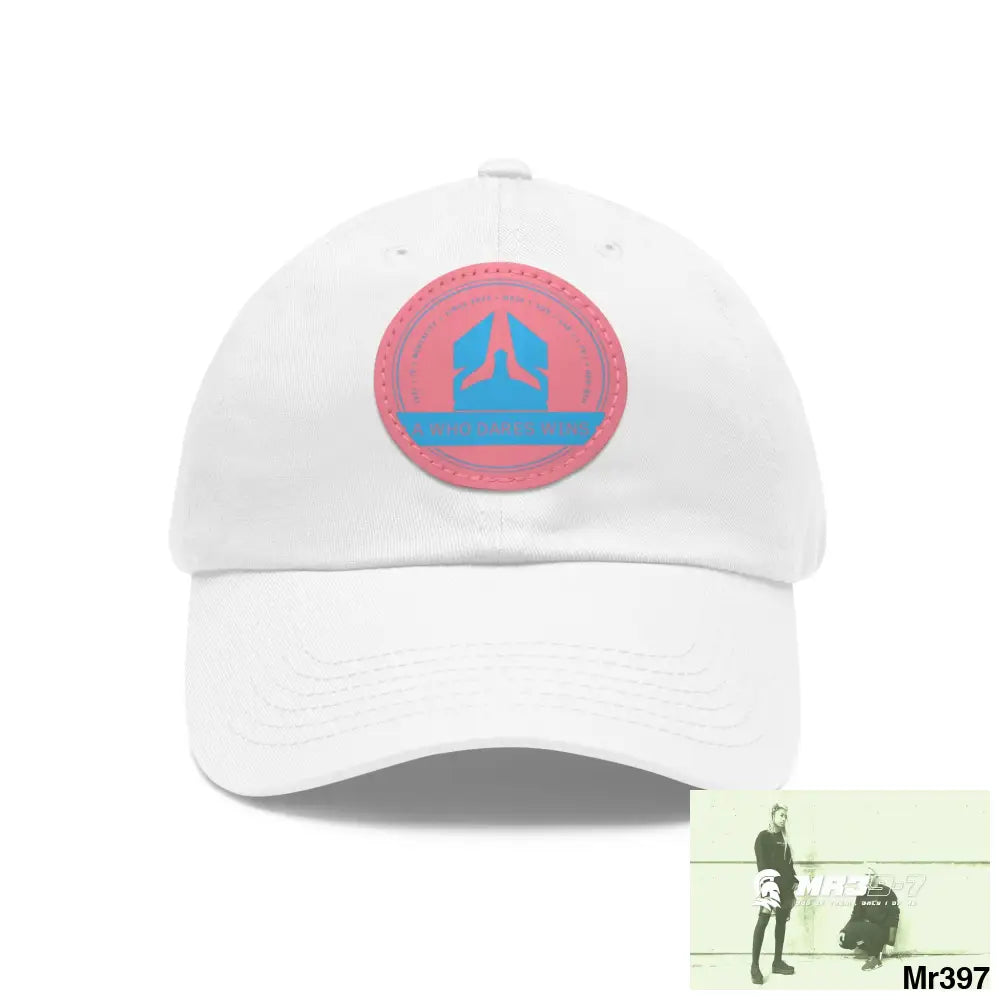 The A Who Dares Wins Dad Hat with Leather Patch (Round) White / Pink patch / Circle / One size Hats