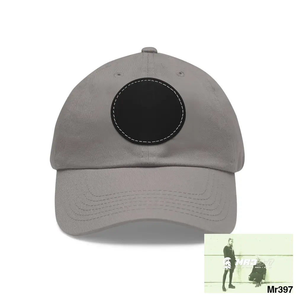 The MR39 Dad Hat with Leather Patch (Round) Grey / Black patch / Circle / One size Hats