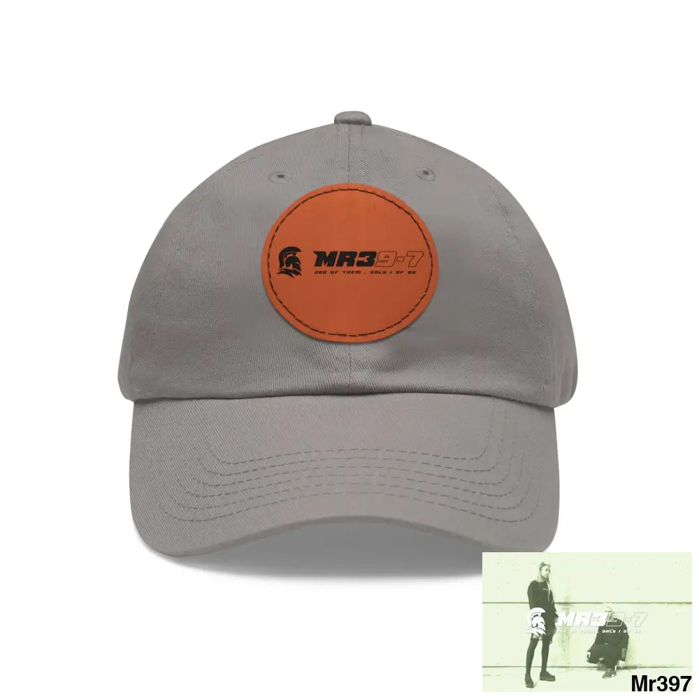 The MR39 Dad Hat with Leather Patch (Round) Grey / Light Brown patch / Circle / One size Hats