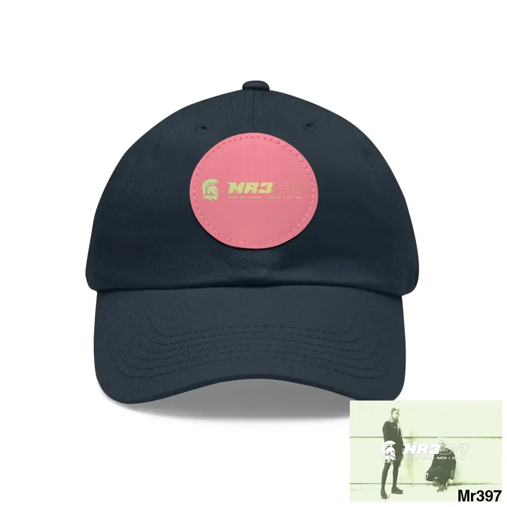 The MR39 Dad Hat with Leather Patch (Round) Navy / Pink patch / Circle / One size Hats