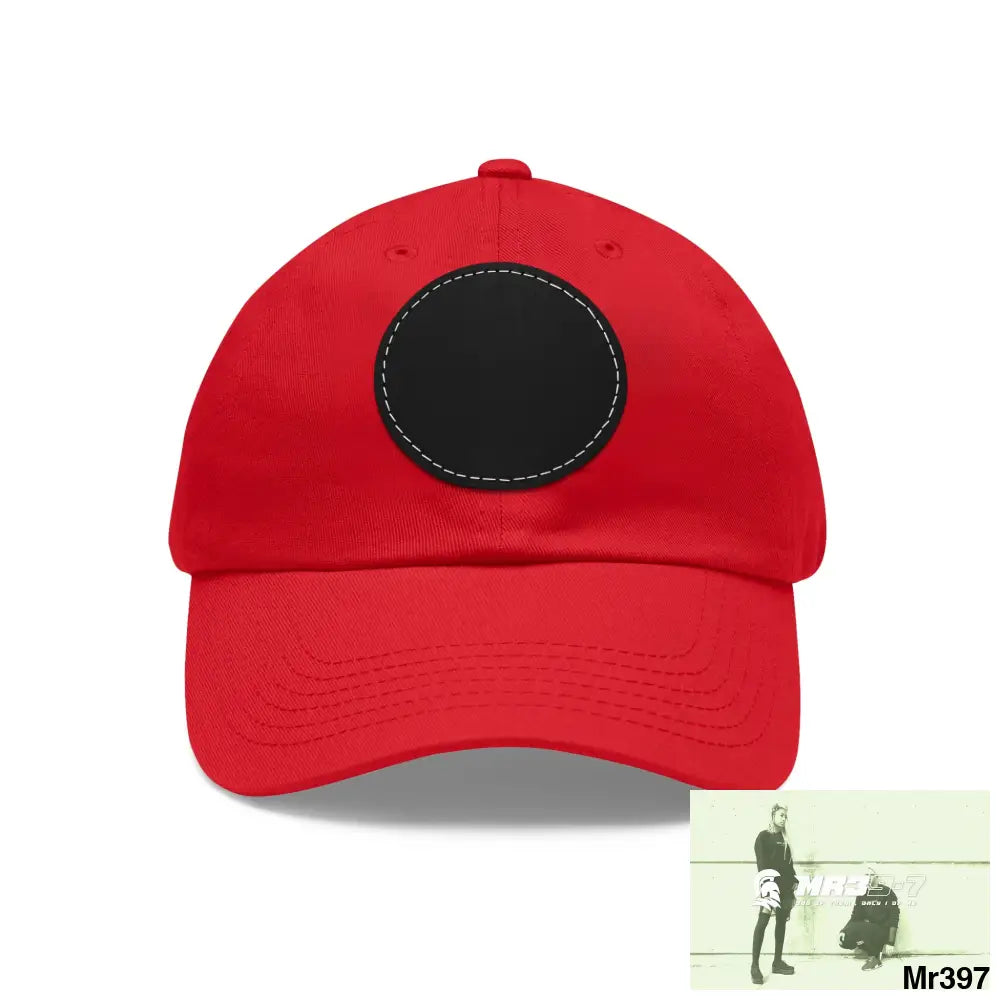 The MR39 Dad Hat with Leather Patch (Round) Red / Black patch / Circle / One size Hats