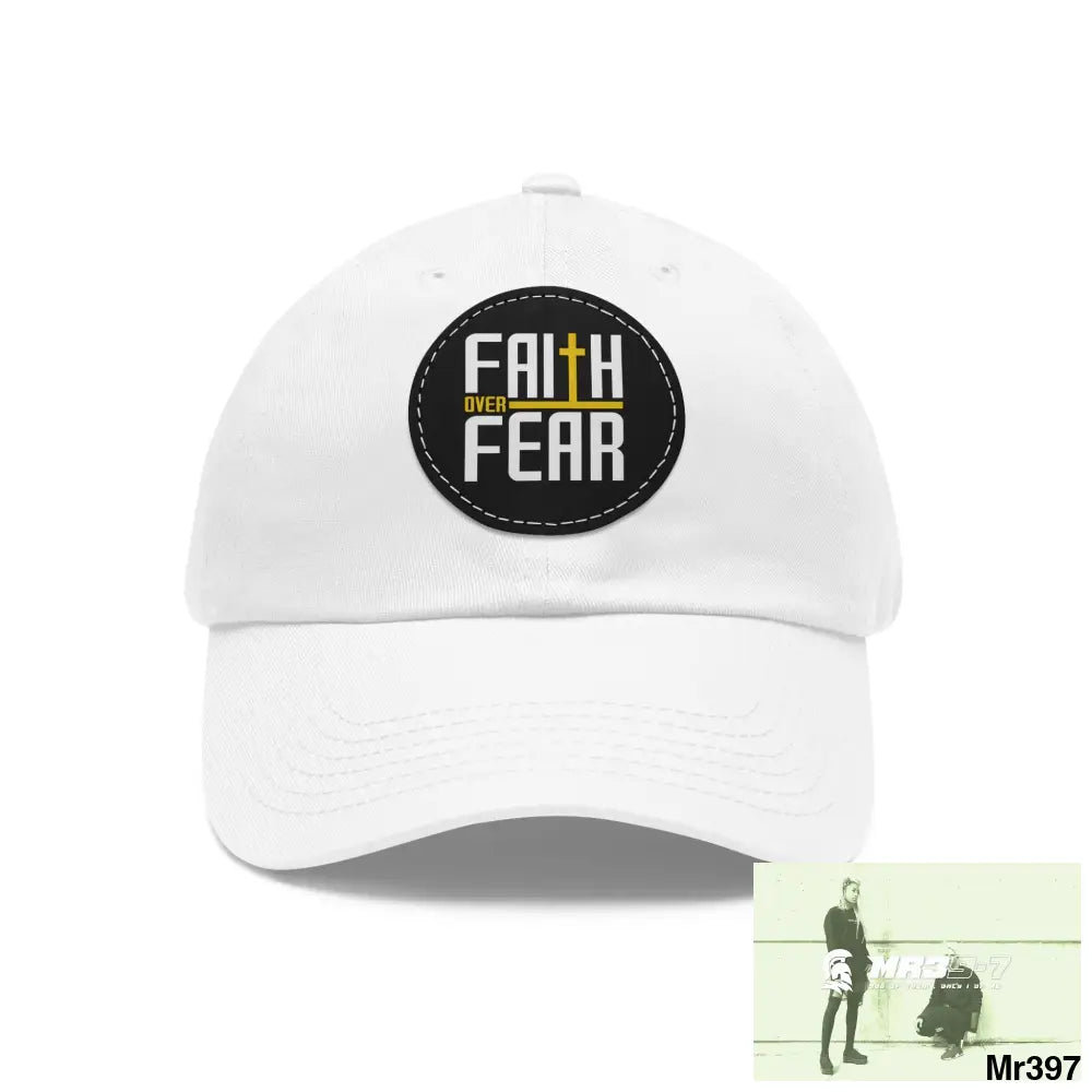 The MR39 Dad Hat with Leather Patch (Round) White / Black patch / Circle / One size Hats