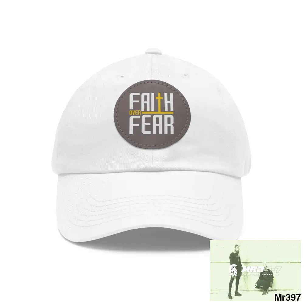 The MR39 Dad Hat with Leather Patch (Round) White / Grey patch / Circle / One size Hats