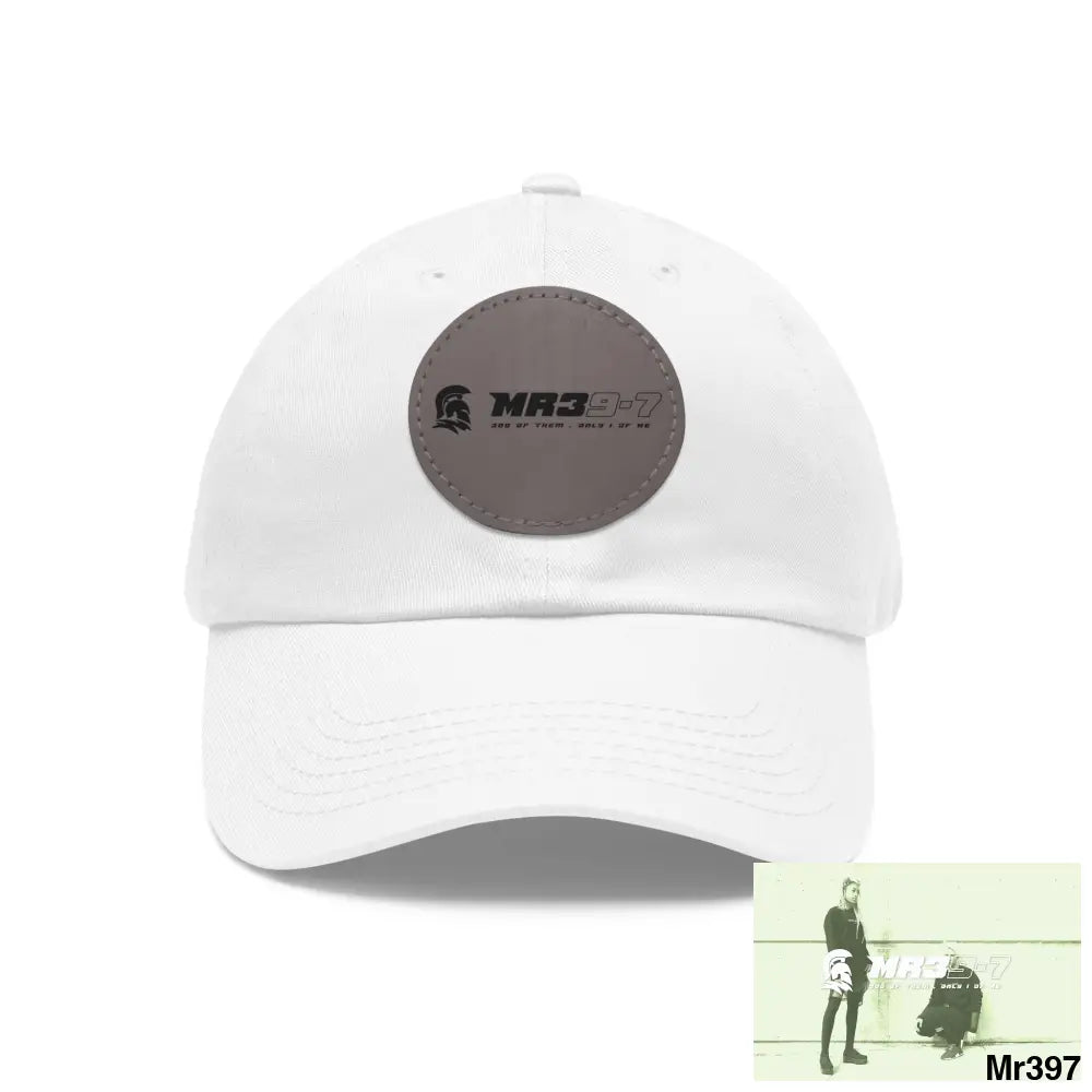 The MR39 Dad Hat with Leather Patch (Round) White / Grey patch / Circle / One size Hats