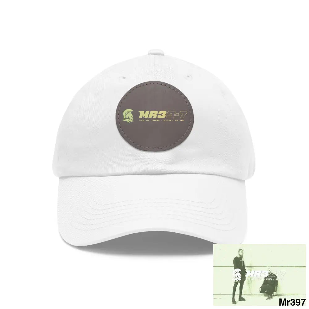 The MR39 Dad Hat with Leather Patch (Round) White / Grey patch / Circle / One size Hats