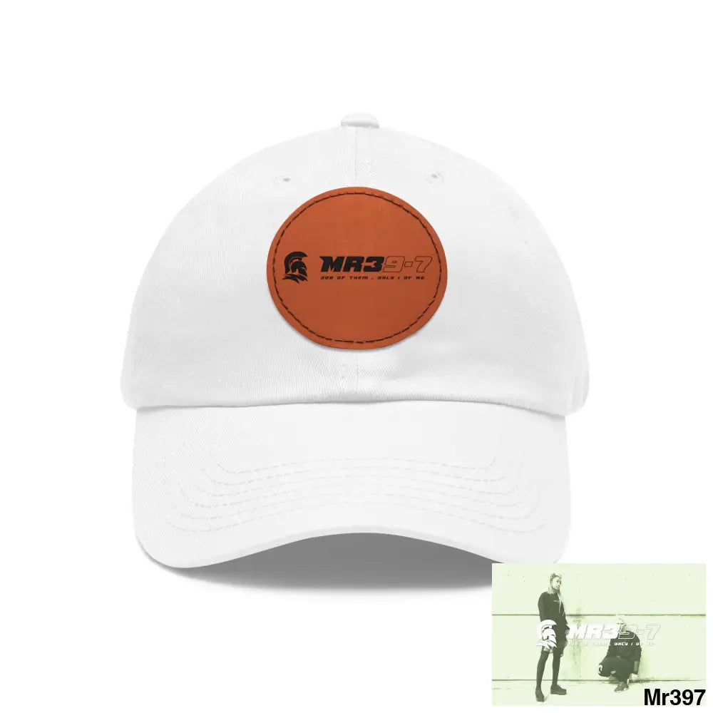 The MR39 Dad Hat with Leather Patch (Round) White / Light Brown patch / Circle / One size Hats