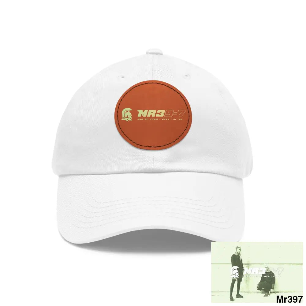 The MR39 Dad Hat with Leather Patch (Round) White / Light Brown patch / Circle / One size Hats