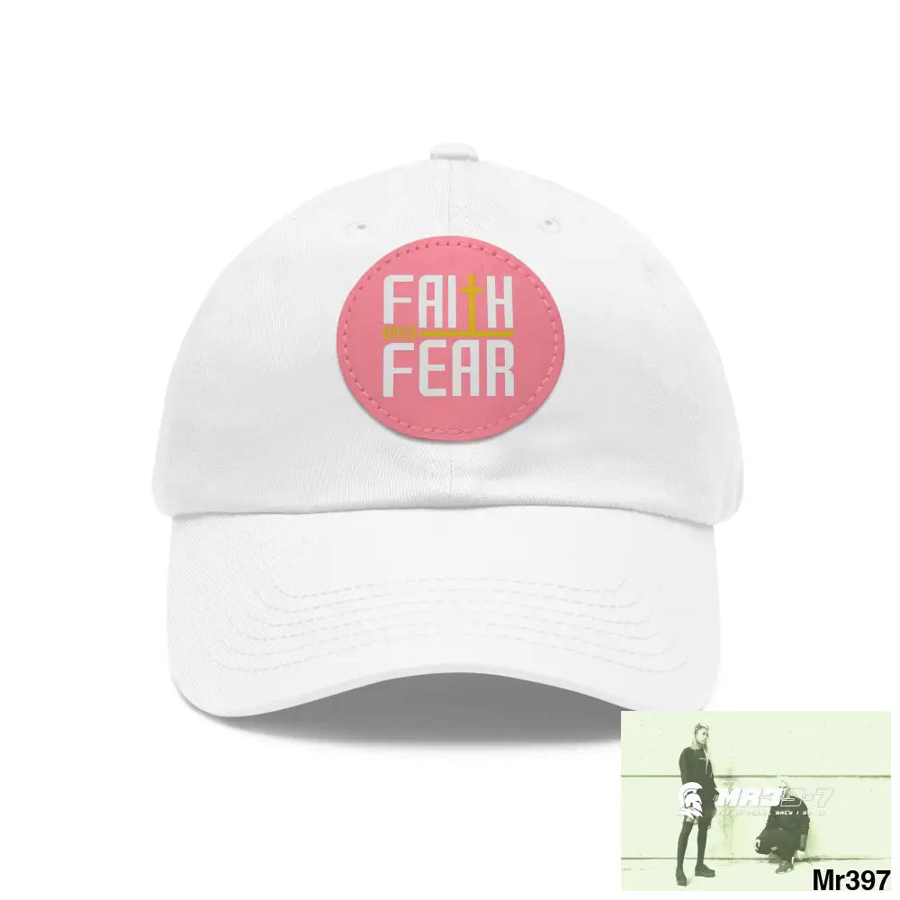 The MR39 Dad Hat with Leather Patch (Round) White / Pink patch / Circle / One size Hats