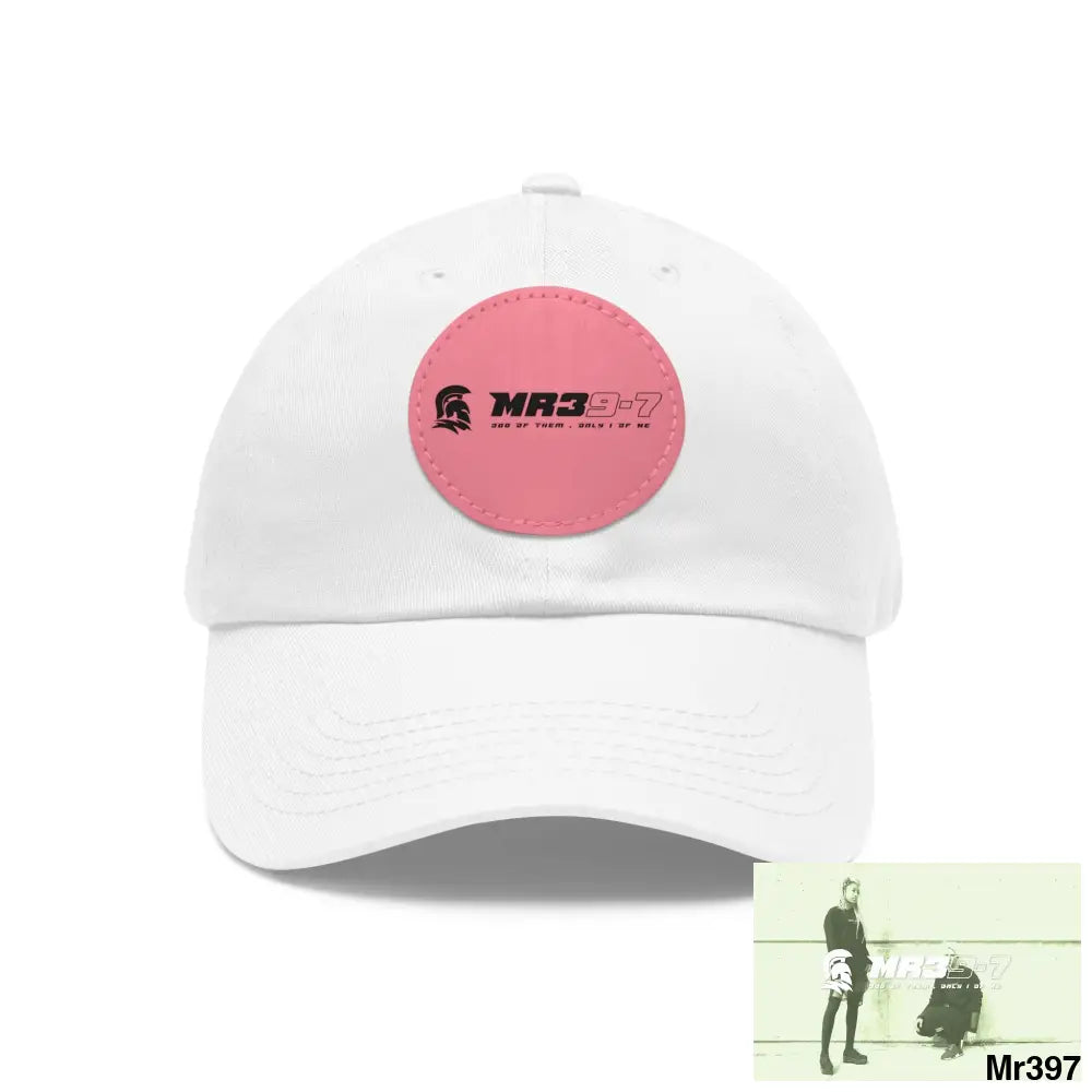 The MR39 Dad Hat with Leather Patch (Round) White / Pink patch / Circle / One size Hats