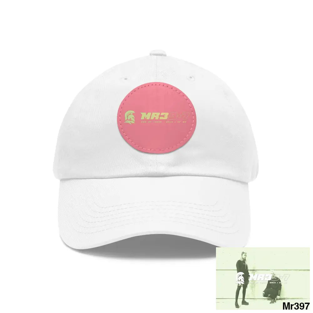 The MR39 Dad Hat with Leather Patch (Round) White / Pink patch / Circle / One size Hats