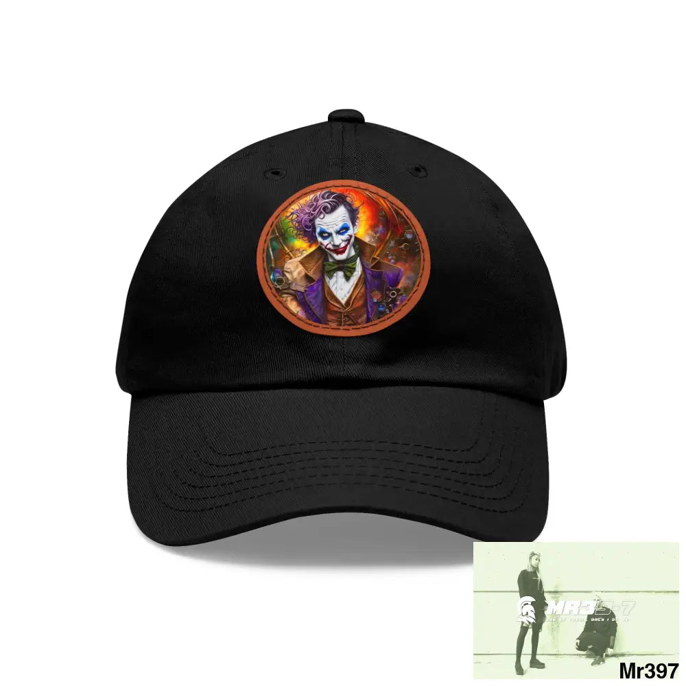 The Steampunk Joker Hearts Tribal Fractal Dad Hat with Leather Patch (Round) Black / Light Brown / Circle / One size