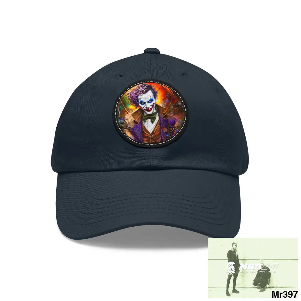 The Steampunk Joker Hearts Tribal Fractal Dad Hat with Leather Patch (Round) Navy / Black patch / Circle / One size Hats
