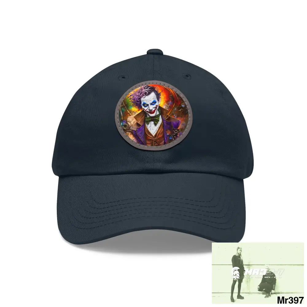 The Steampunk Joker Hearts Tribal Fractal Dad Hat with Leather Patch (Round) Navy / Grey patch / Circle / One size Hats