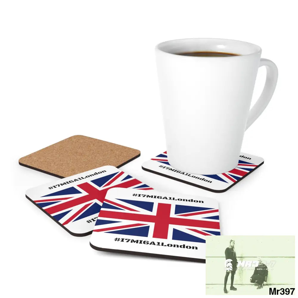 Union Jack GBR I7MI6A1London Corkwood Coaster Set Cork / 3.75’’ × 3.75’’ / Square Home Decor