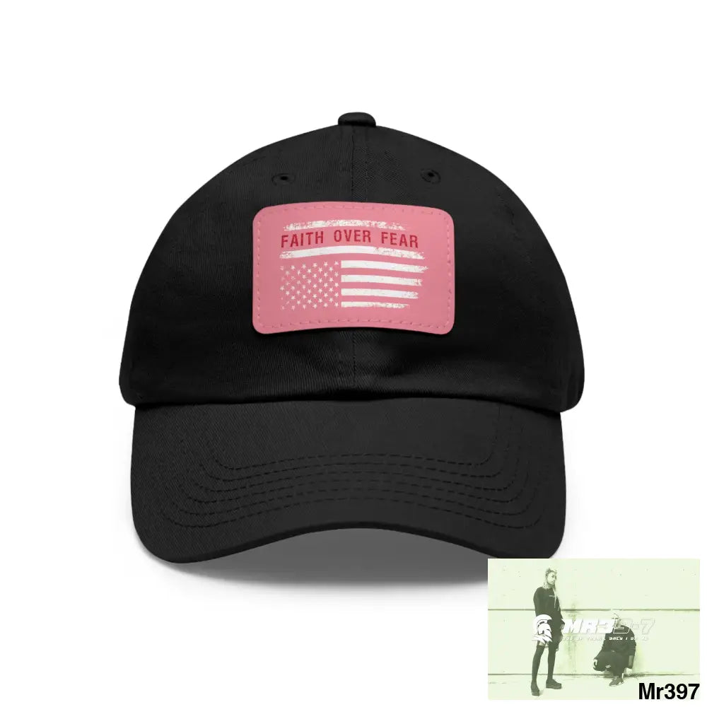 USA Faith over Fear Dad Hat with Leather Patch (Rectangle) Black / Pink patch / Rectangle / One size Hats