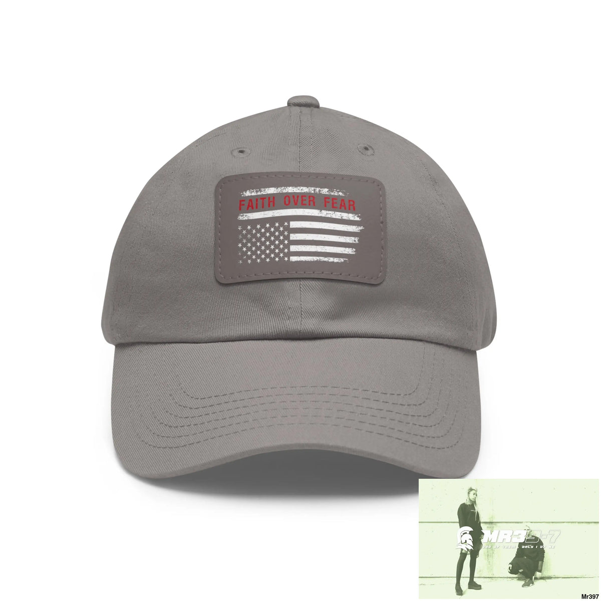 USA Faith over Fear Dad Hat with Leather Patch (Rectangle) Grey / Grey patch / Rectangle / One size Hats