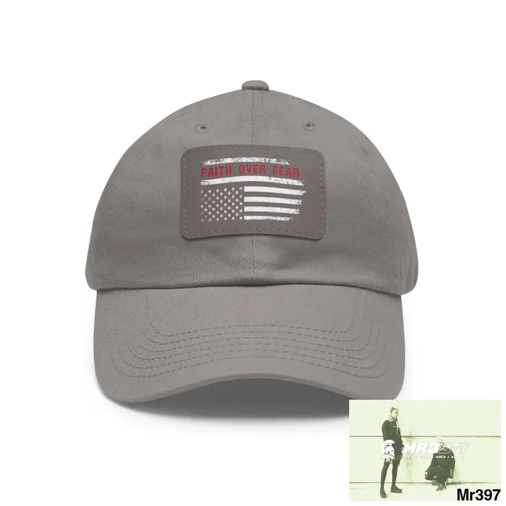USA Faith over Fear Dad Hat with Leather Patch (Rectangle) Grey / Grey patch / Rectangle / One size Hats