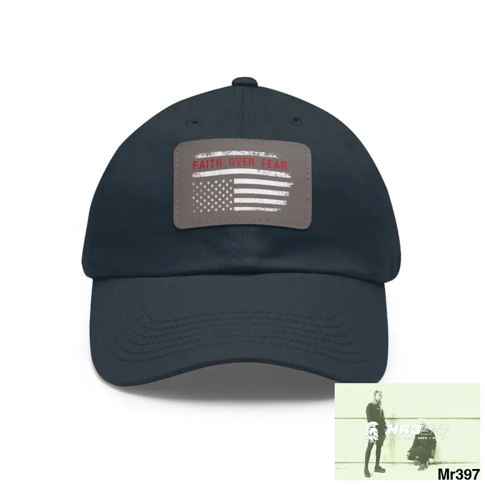 USA Faith over Fear Dad Hat with Leather Patch (Rectangle) Navy / Grey patch / Rectangle / One size Hats