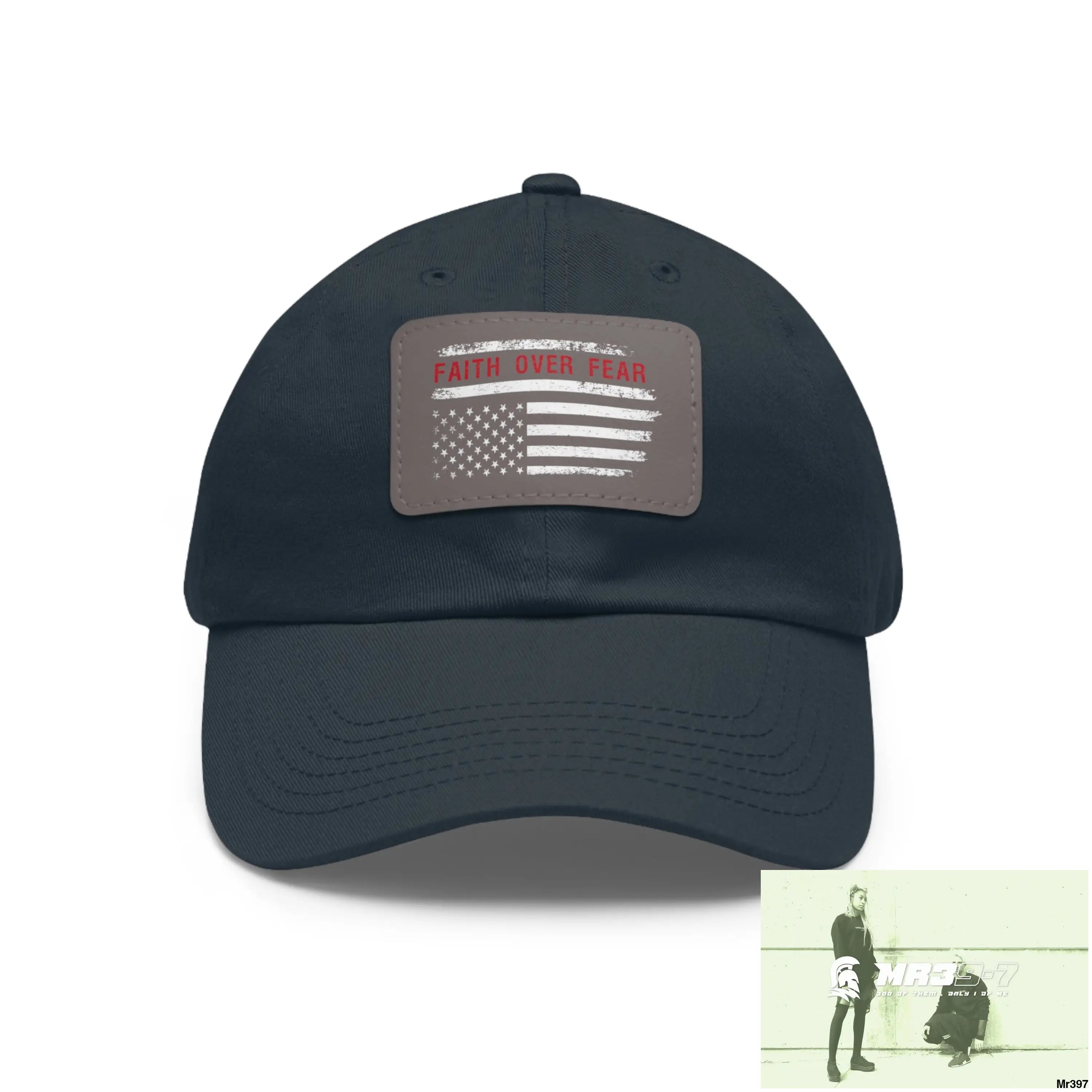 USA Faith over Fear Dad Hat with Leather Patch (Rectangle) Navy / Grey patch / Rectangle / One size Hats