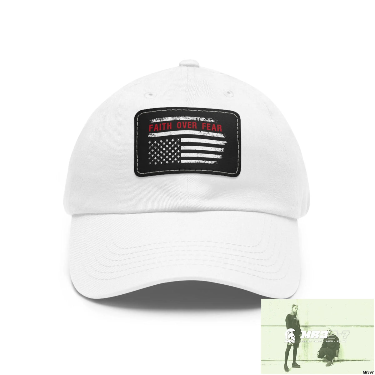 USA Faith over Fear Dad Hat with Leather Patch (Rectangle) White / Black patch / Rectangle / One size Hats