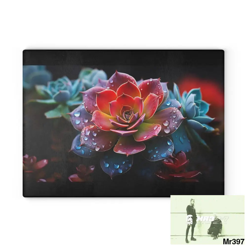 Vibrant Succulent Plant with rain drops Glass Cutting Board 11’’ x 15’’ / Rectangle Home Decor