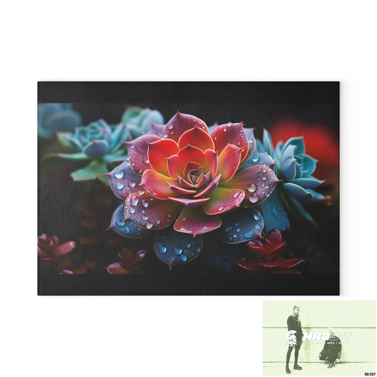 Vibrant Succulent Plant with rain drops Glass Cutting Board 8’’ x 11’’ / Rectangle Home Decor