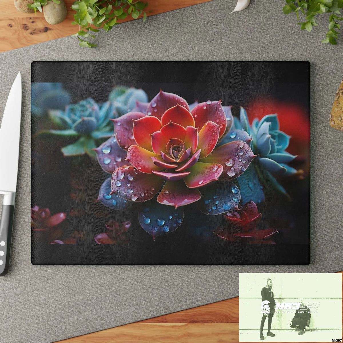 Vibrant Succulent Plant with rain drops Glass Cutting Board Home Decor