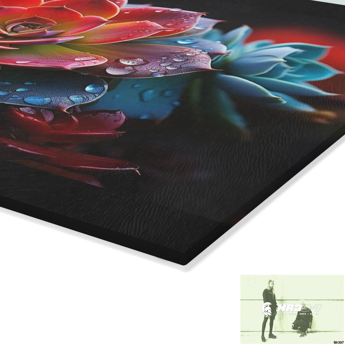 Vibrant Succulent Plant with rain drops Glass Cutting Board Home Decor