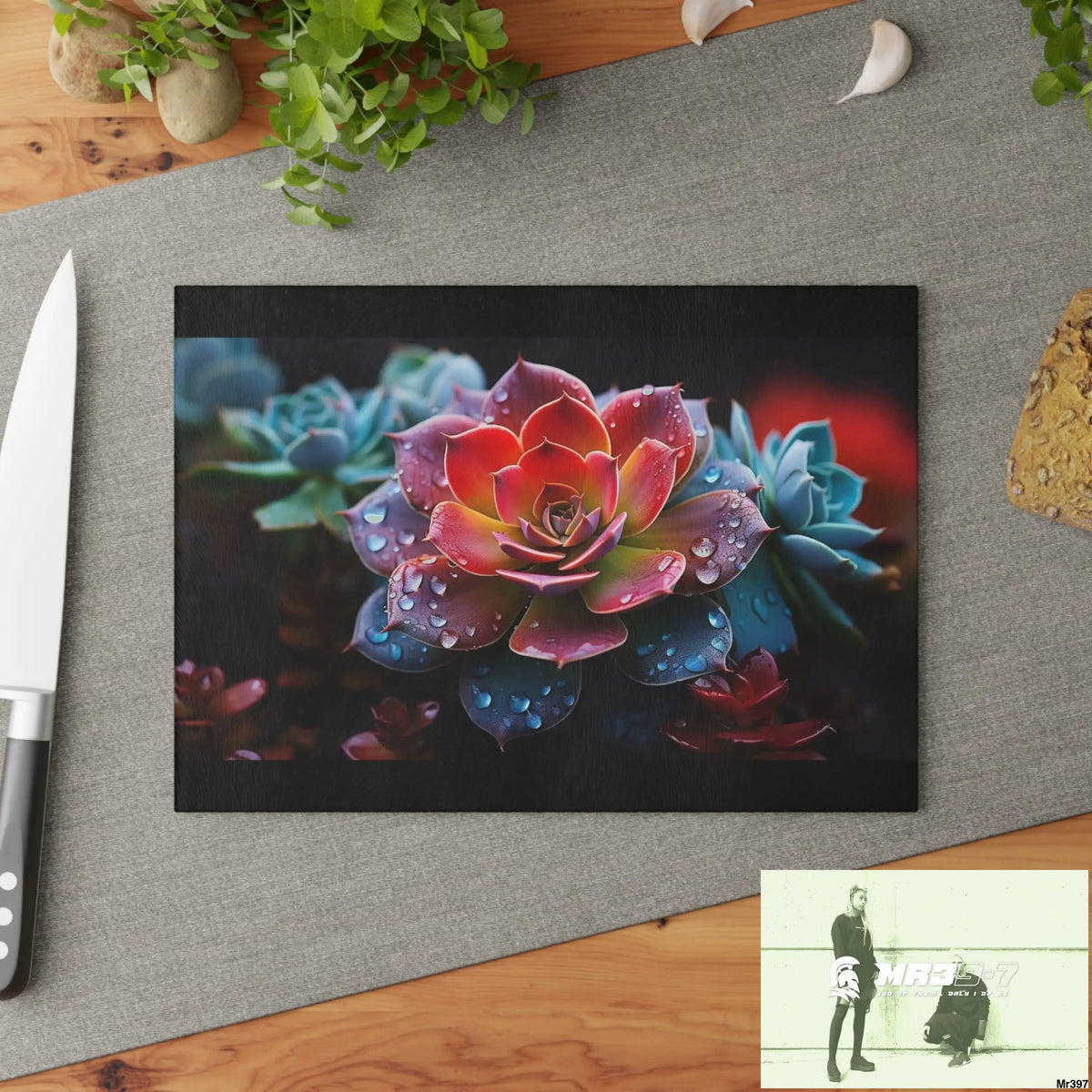 Vibrant Succulent Plant with rain drops Glass Cutting Board Home Decor