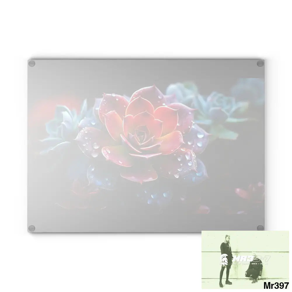 Vibrant Succulent Plant with rain drops Glass Cutting Board Home Decor