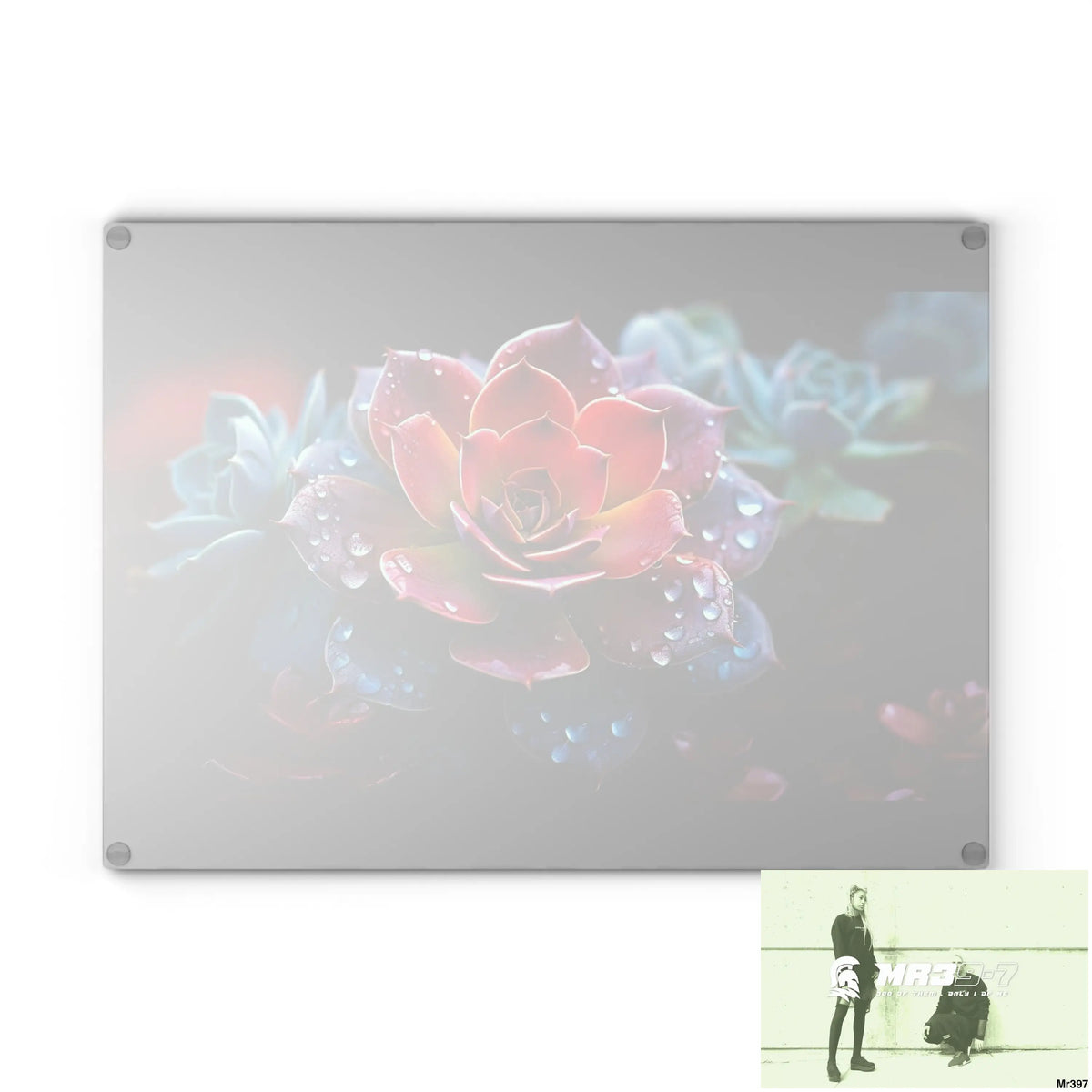 Vibrant Succulent Plant with rain drops Glass Cutting Board Home Decor