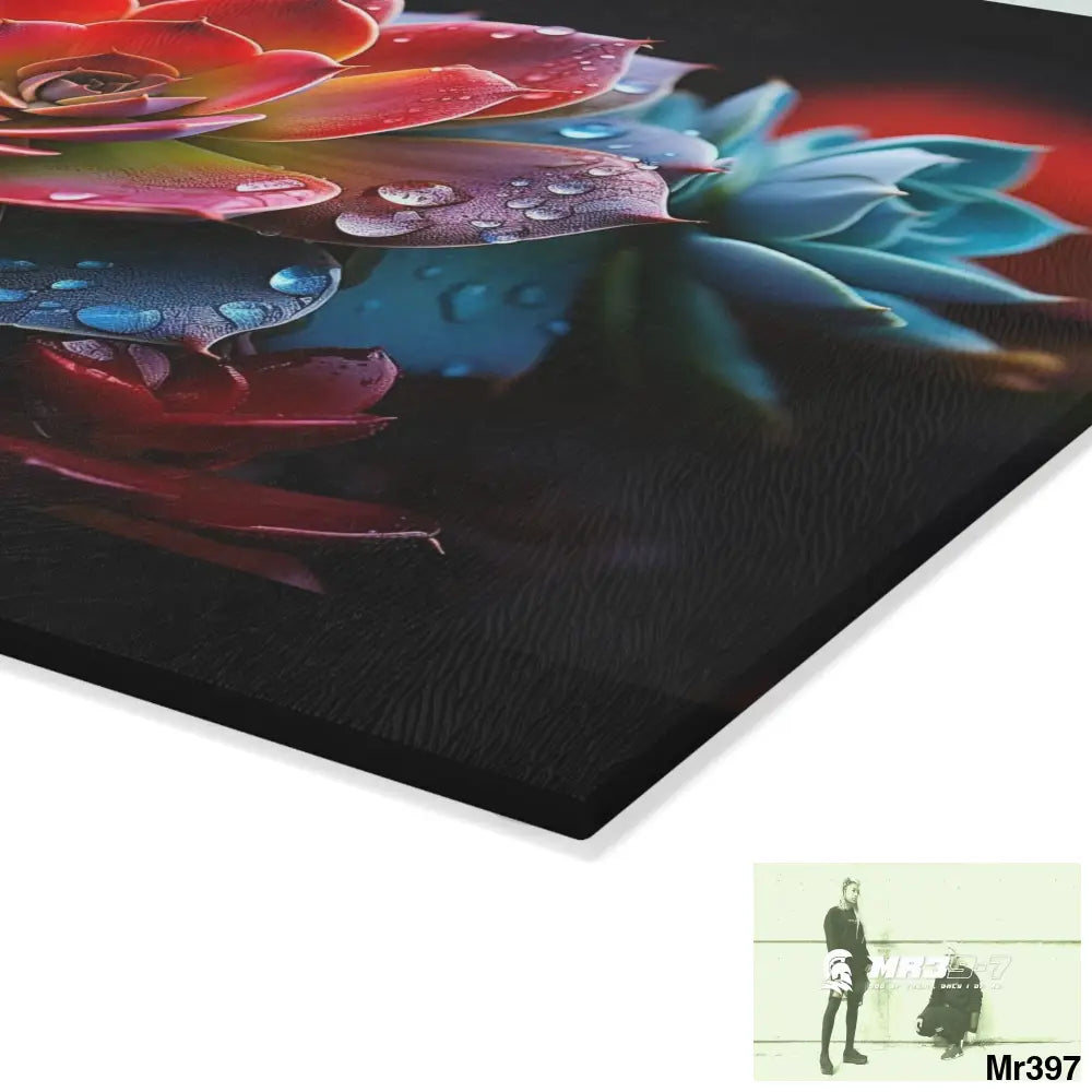 Vibrant Succulent Plant with rain drops Glass Cutting Board Home Decor
