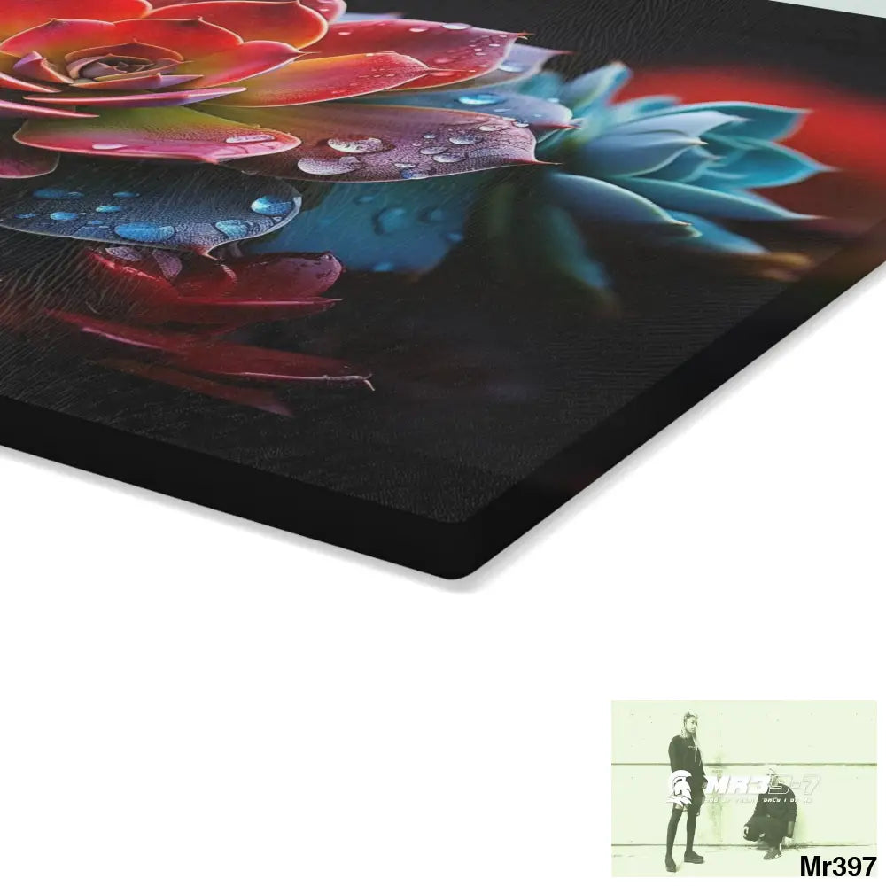 Vibrant Succulent Plant with rain drops Glass Cutting Board Home Decor