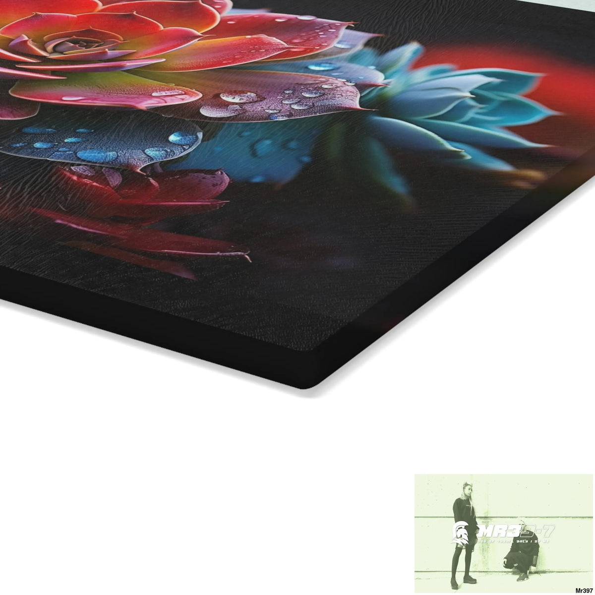 Vibrant Succulent Plant with rain drops Glass Cutting Board Home Decor