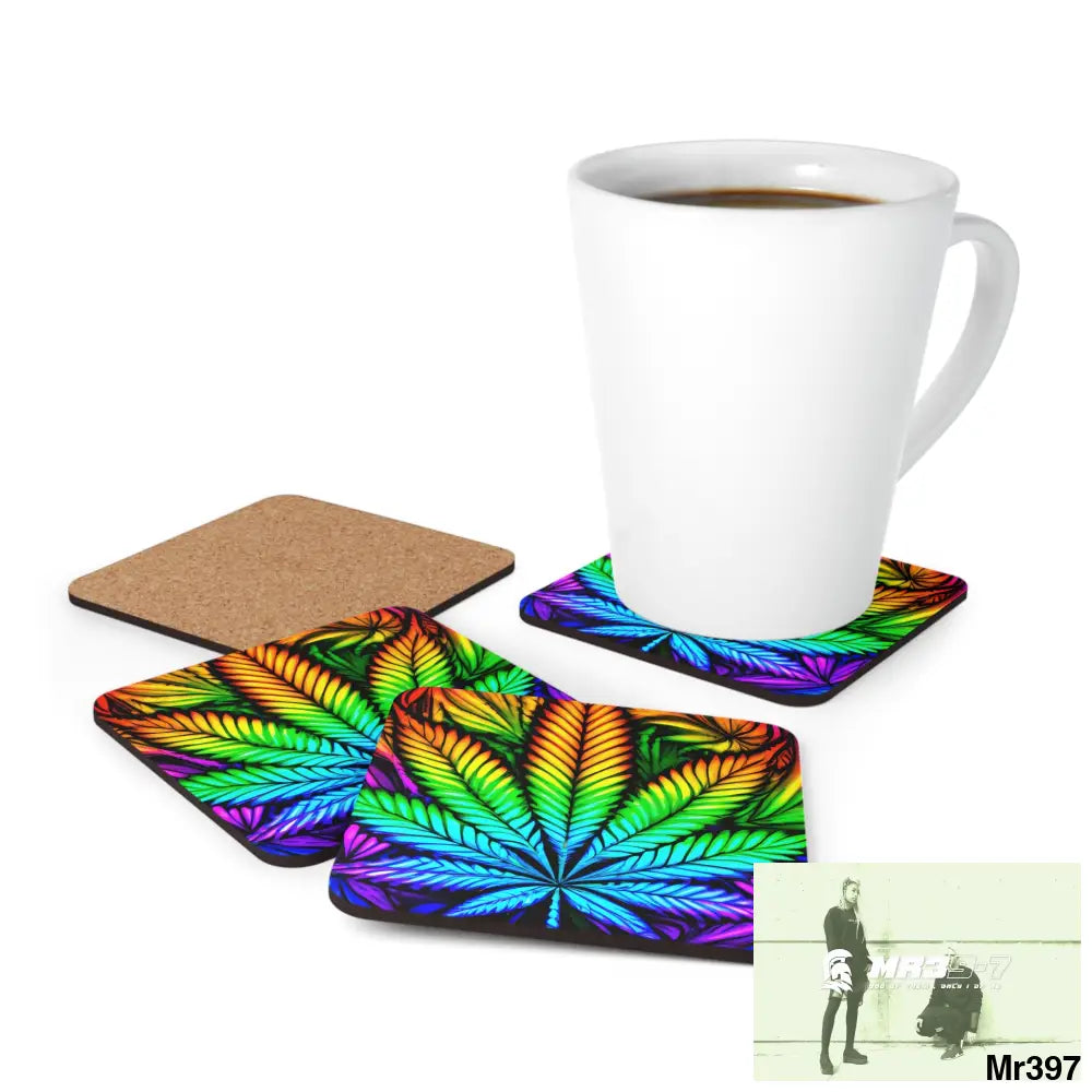 Weed Leaf art Corkwood Coaster Set Cork / 3.75’’ × 3.75’’ / Square Home Decor