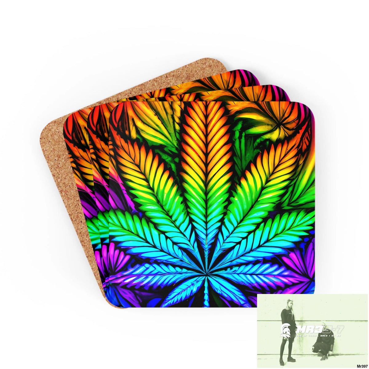 Weed Leaf art Corkwood Coaster Set Cork / 3.75’’ × 3.75’’ / Square Home Decor