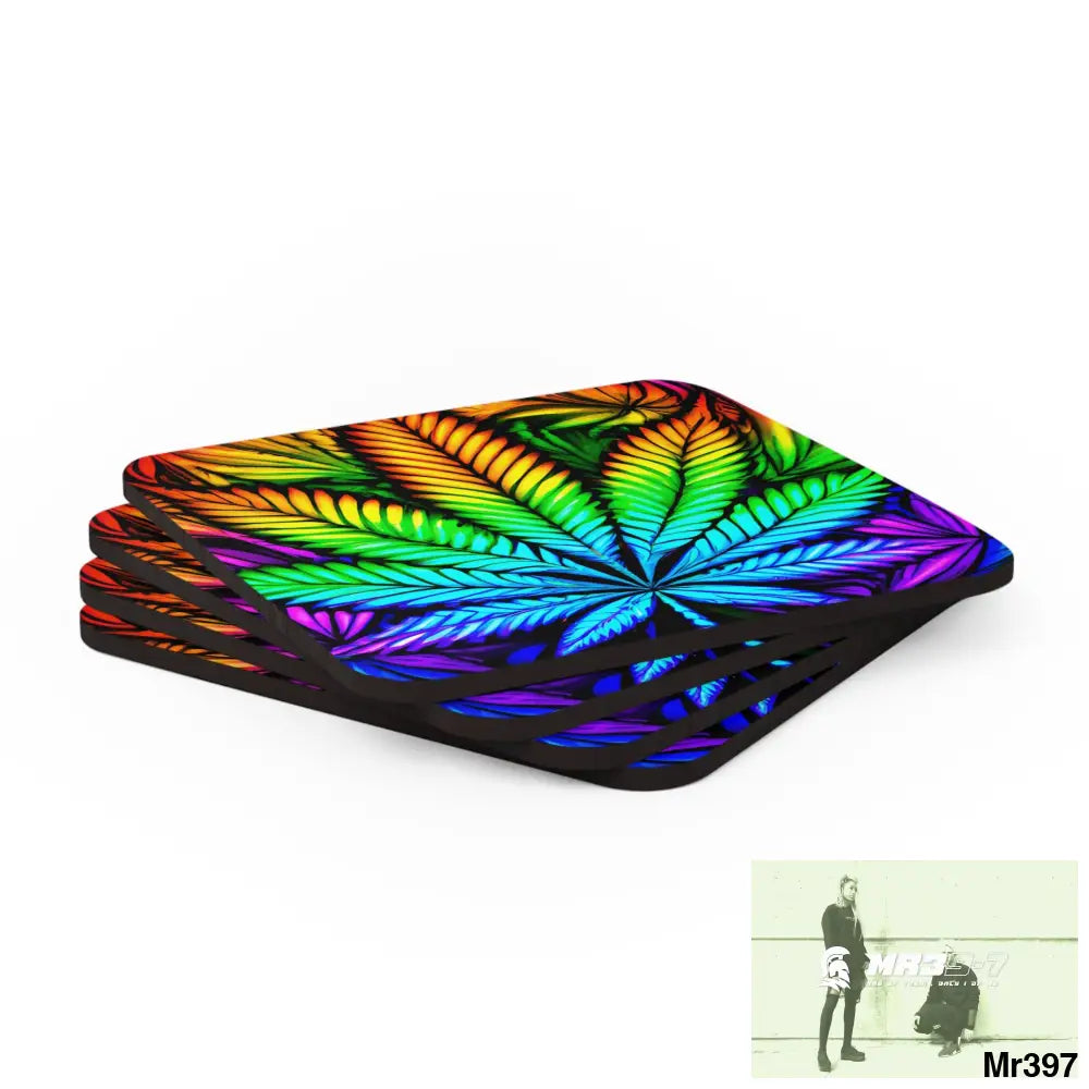 Weed Leaf art Corkwood Coaster Set Cork / 3.75’’ × 3.75’’ / Square Home Decor