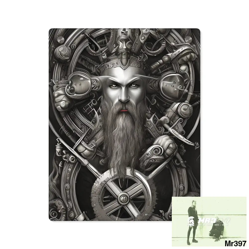 Whimsical Detailed Fantasy Trident Viking Warrior Portrait Centered Clockwork Composition Wall Art Panels 11″ x 14″
