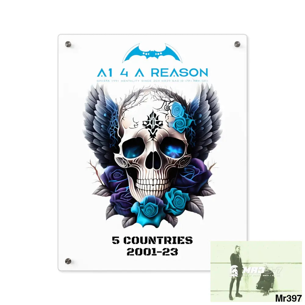 5 Countries 2001-23 A1 4 A Reason Gothic skull wings and blue roses Acrylic Wall Art Panels 16″ x 20″ (Vertical)