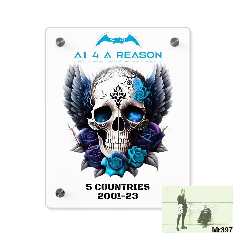5 Countries 2001-23 A1 4 A Reason Gothic skull wings and blue roses Acrylic Wall Art Panels 8″ x 10″ (Vertical)